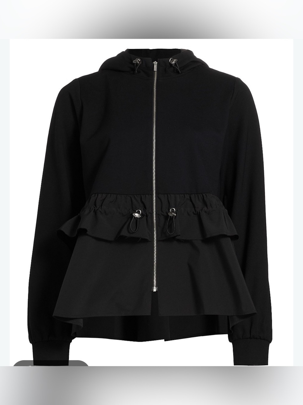 Never worn. Like new. Barneys New York Maria Taffeta Ruffled Zip Hoodie Black